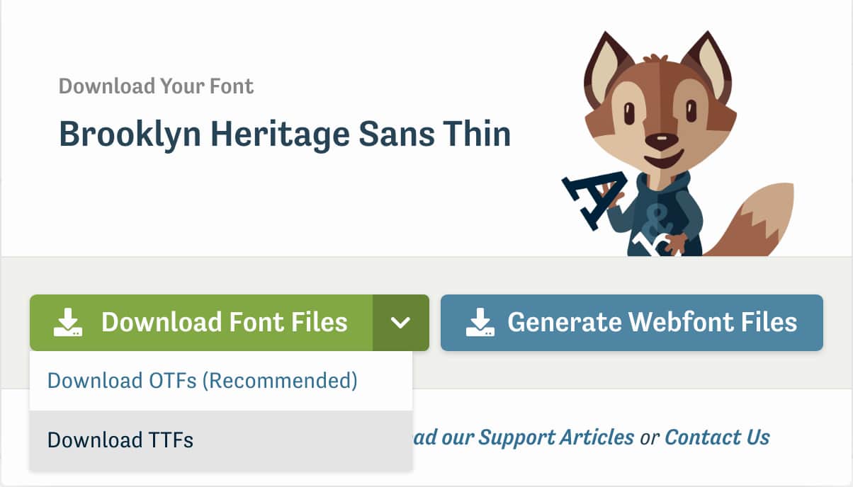 Screenshot of the Font Download Modal with the Download Dropdown Visible and TTFs Selected