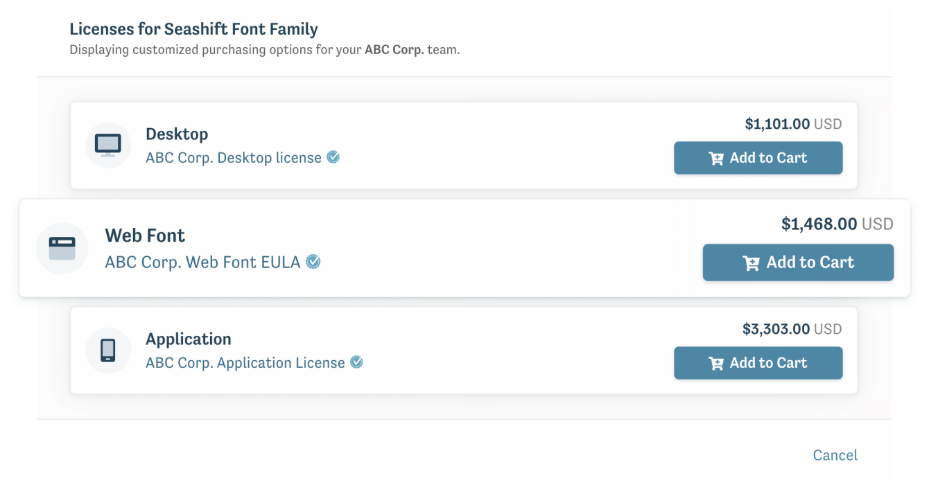 Screenshot of the purchasing options modal listing a team’s custom licenses available for purchase.