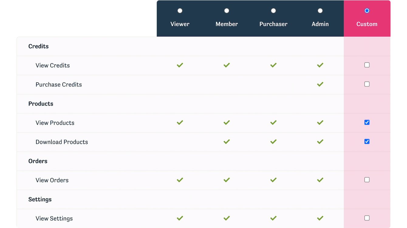 Screenshot of the control for changing a team member’s permissions. Formatted as a table with radio buttons labeled viewer, member, purchaser, admin, and custom as the columns and the permissions granted as the rows.
